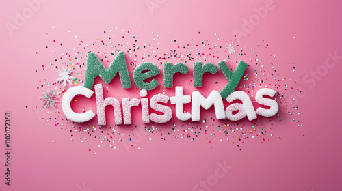 Sparkling Glitter 'Merry Christmas' Text in Vibrant Pink Background, Perfect Festive Design for Christmas Cards, Posters, and Decorations – High-Quality Digital Art