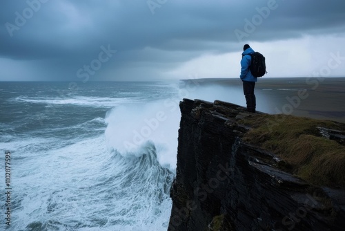 A man stands on a cliff overlooking the ocean