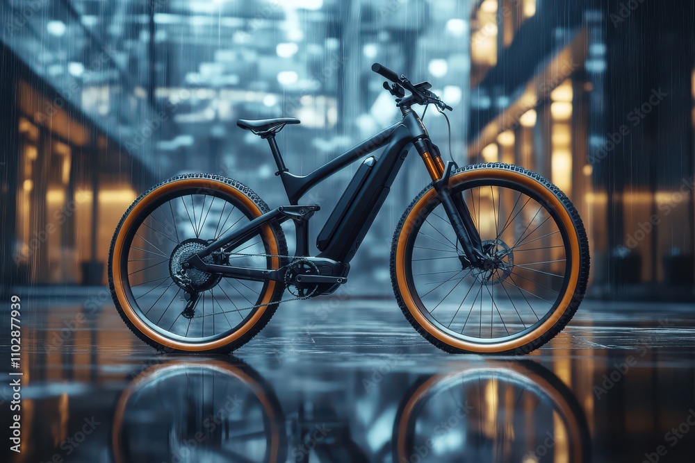 Fototapeta premium Electric mountain bike sleek design matte black frame tan sidewall tires