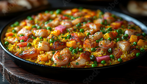 Delicious paella dish with seafood, chicken, and vegetables. (1) photo