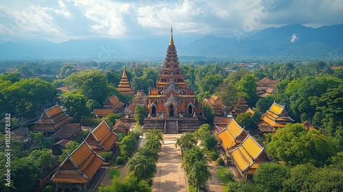 Aerial view of a stunning temple complex nestled amongst lush greenery and mountains.