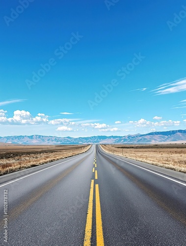 Wide empty highway asphalt road stretching into the distance under a clear blue sky with gentle mountain landscape in the background, mountains, asphalt, calm., serene