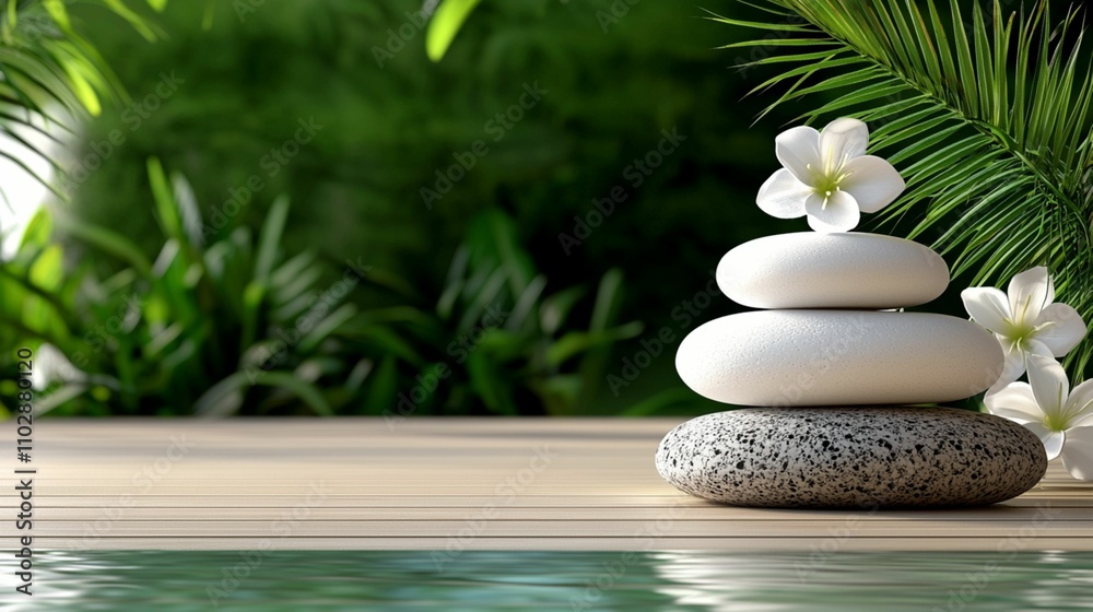 Tranquil Spa Scene with Smooth Stones, Lush Greenery, and Delicate White Flowers, Perfect for Relaxation and Meditation Themes in a Serene Setting Tranquil Spa Scene with Smooth Stones, Lush Greenery, and Delicate White Flowers, Perfect for Relaxation and Meditation Themes in a Serene Setting
