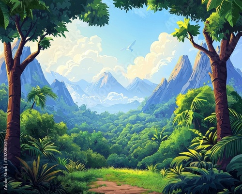 Mountain forest jungle trees cartoon background. 
Anime inspired cartoon forest background, vibrant scene invites imagination and creativity.  photo