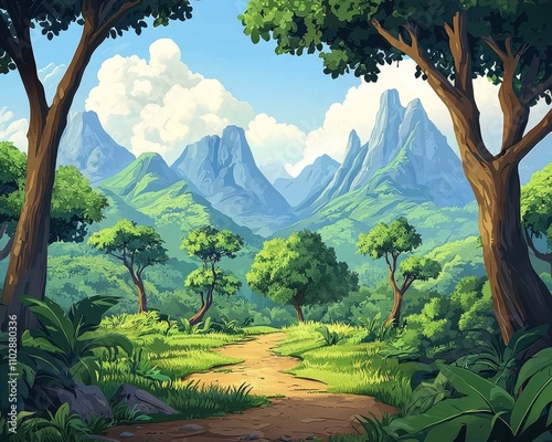 Mountain forest jungle trees cartoon background. 
Anime inspired cartoon forest background, vibrant scene invites imagination and creativity.  photo