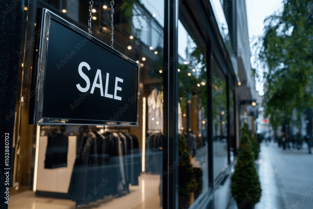 A black sign with the word Sale written on it hangs in a store window A black sign with the word Sale written on it hangs in a store window