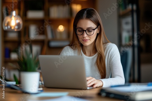 A woman is sitting at a desk with a laptop and a cup of coffee