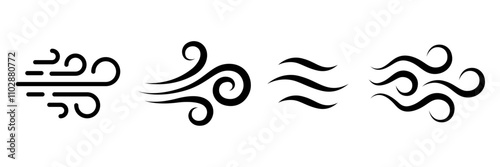 Strong wind line icon set. Windy weather, Airflow, wind flow symbol.  Natural wind icons. Windy blow logo, label, badge, sticker, symbol, emblem, stamp, black, line, flat vector isolated illustration.