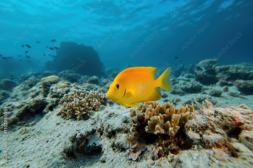 A yellow fish is swimming in the ocean near some coral A yellow fish is swimming in the ocean near some coral