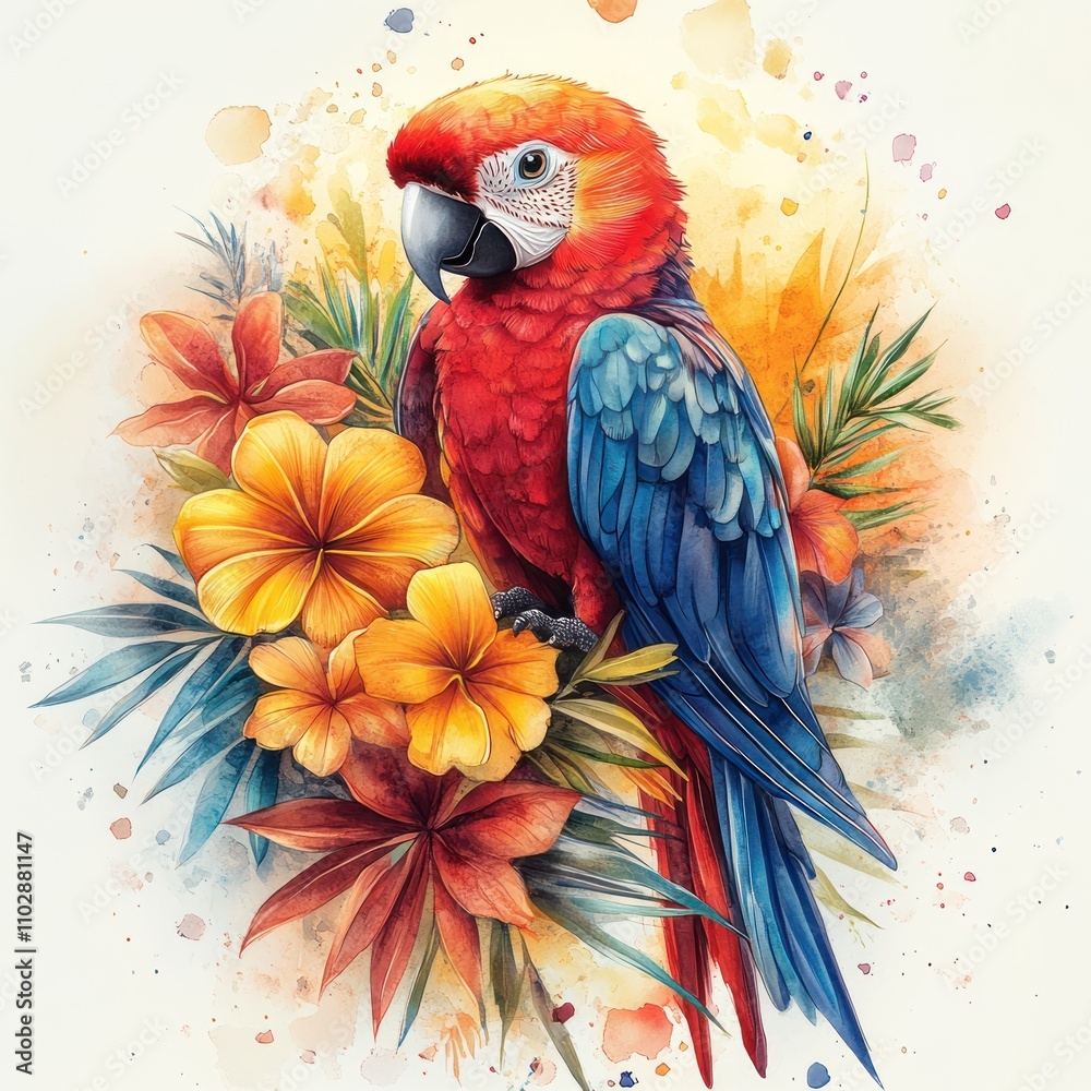 Obraz premium A vibrant parrot perched among colorful tropical flowers, showcasing nature's beauty.