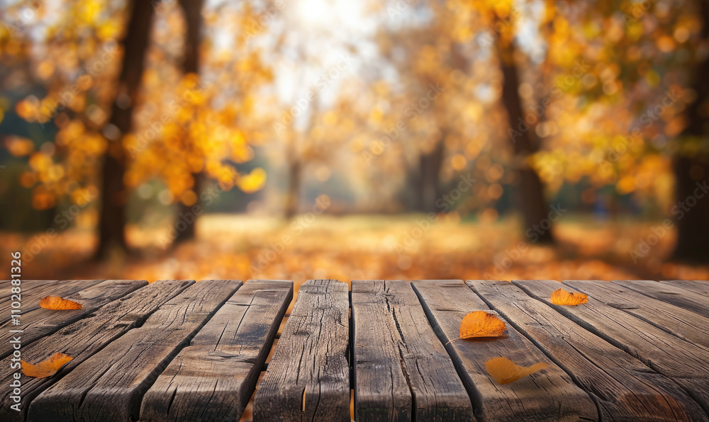 The empty wooden table top with blur background of autumn. Exuberant image The empty wooden table top with blur background of autumn. Exuberant image