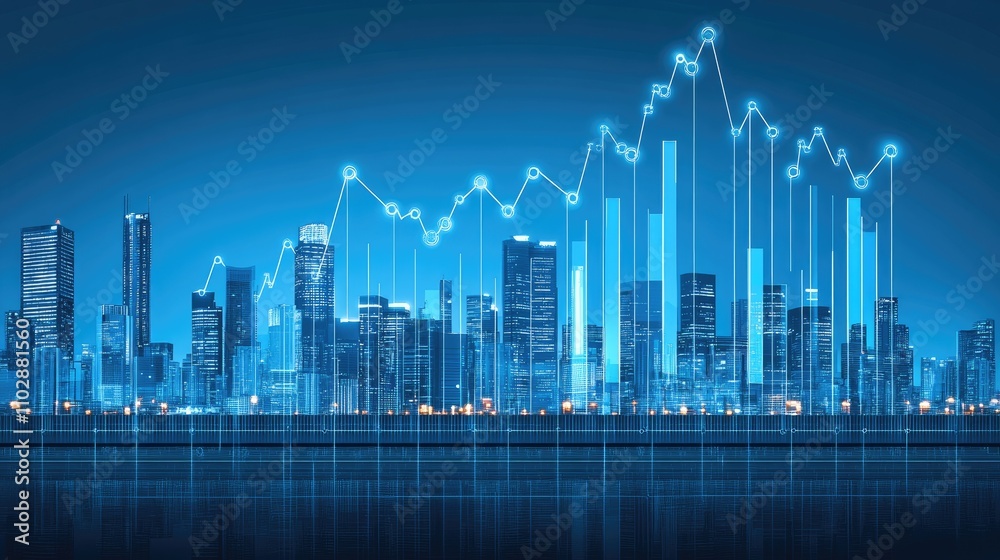 Modern City Skyline with Digital Financial Growth Graph Overlay Modern City Skyline with Digital Financial Growth Graph Overlay