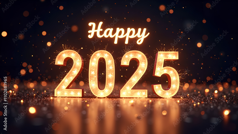 Happy New Year 2025 with glowing lights. Concept of celebration, holiday, and future. Happy New Year 2025 with glowing lights. Concept of celebration, holiday, and future.