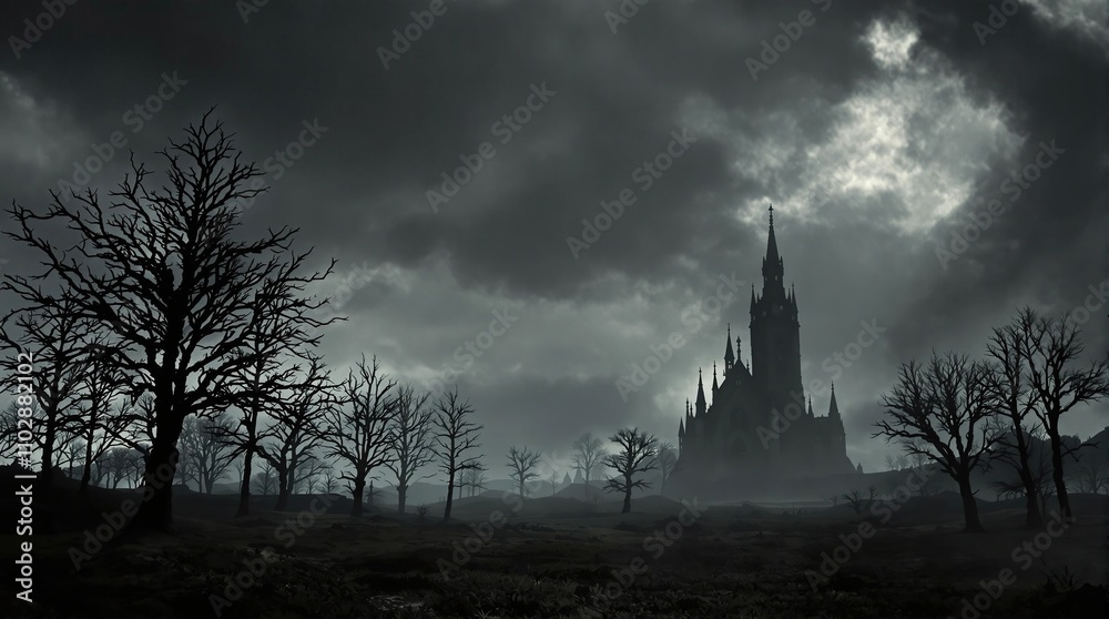 Fototapeta premium Silhouetted trees and buildings stand out against a backdrop of swirling smoke and darkening skies in an eerie landscape, nature's turmoil, misty forest