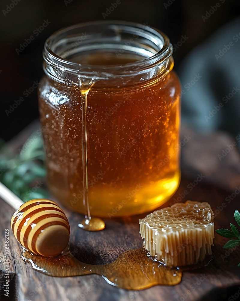 Honey dripping from a jar onto a wooden board with honeycomb. Honey dripping from a jar onto a wooden board with honeycomb.