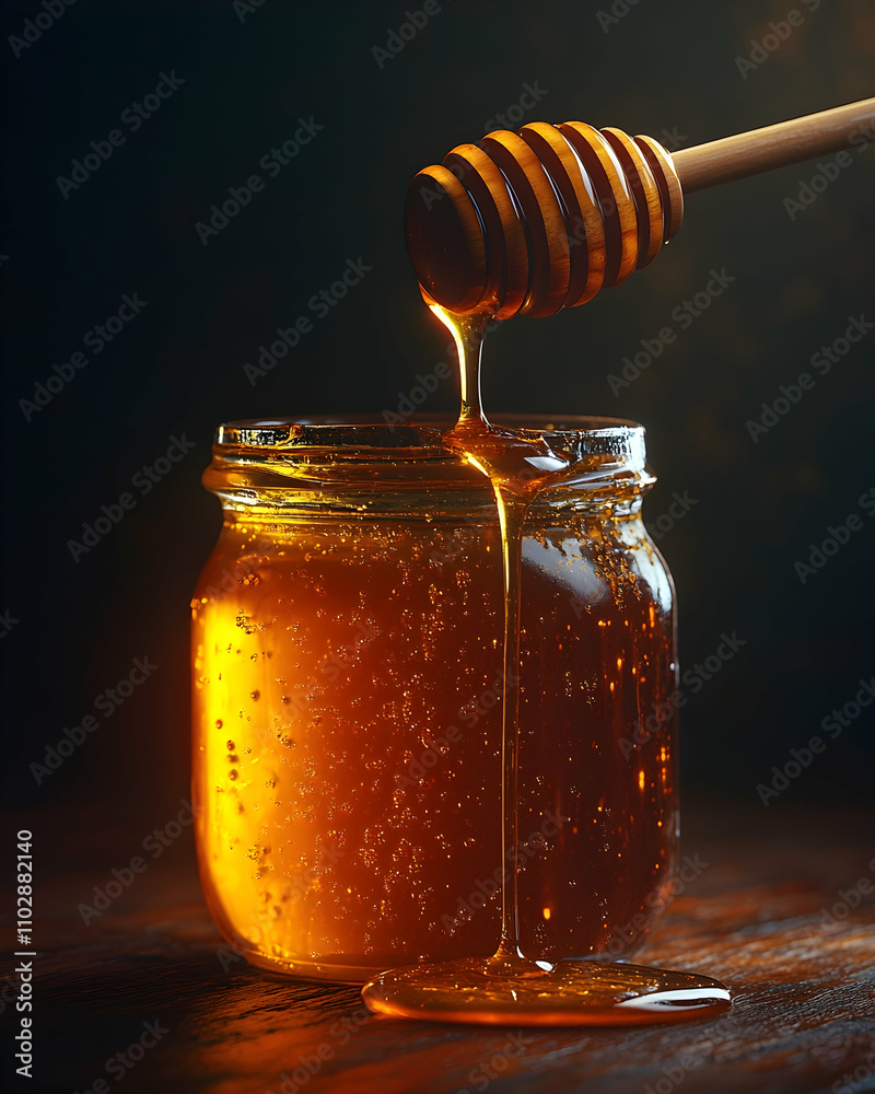 Honey dripping from wooden dipper into glass jar. Honey dripping from wooden dipper into glass jar.