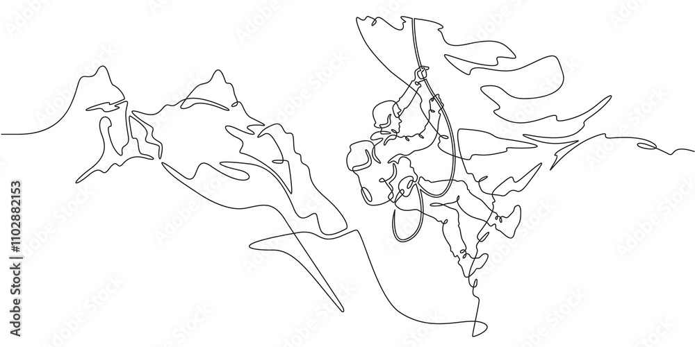 Continuous one line drawing rock climber on a rock. A climber climbs a rope over a cliff. Mountain landscape.One continuous line isolated minimal illustration.Not AI. Continuous one line drawing rock climber on a rock. A climber climbs a rope over a cliff. Mountain landscape.One continuous line isolated minimal illustration.Not AI.