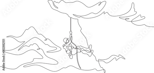 Continuous one line drawing rock climber on a rock. A climber climbs a rope over a cliff. Mountain landscape.One continuous line isolated minimal illustration.Not AI.