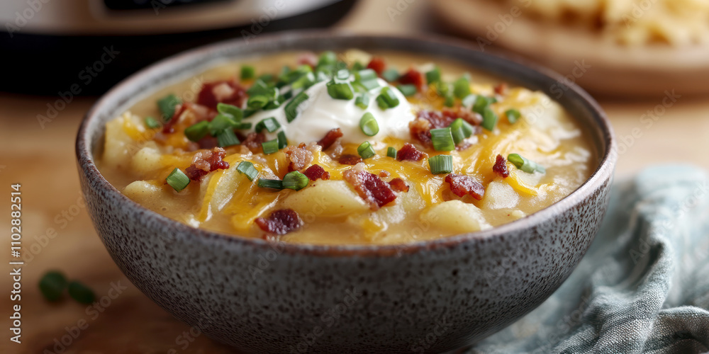 a creamy potato soup served in a large bowl. AI generative. a creamy potato soup served in a large bowl. AI generative.