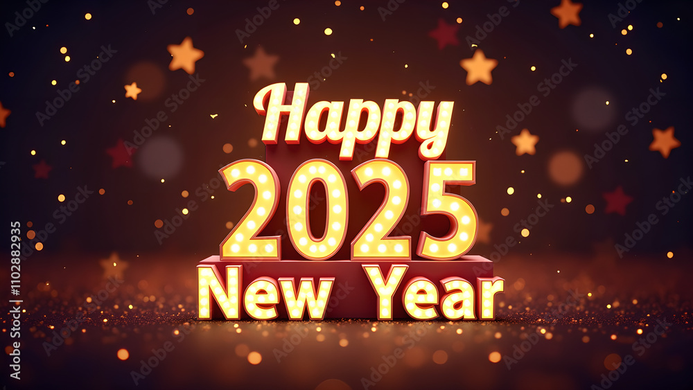 Happy New Year 2025 Celebration. Festive 3D Design with Lights and Stars. Happy New Year 2025 Celebration. Festive 3D Design with Lights and Stars.