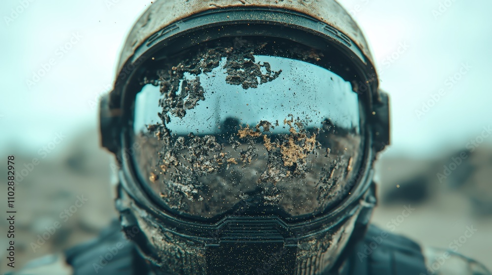 Fototapeta premium Dirty Astronaut Helmet Closeup Space Exploration Mud Grunge Texture