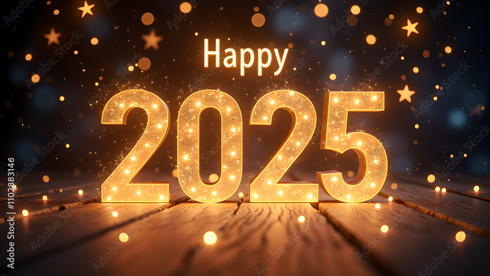 Happy New Year 2025 with glowing lights. Festive celebration concept.