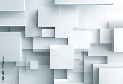 A minimalistic abstract background featuring a 3D geometric pattern of white squares and rectangles in varying sizes. Clean White Geometric Background with Abstract Cubes, Rectangles, and Crisp Edges