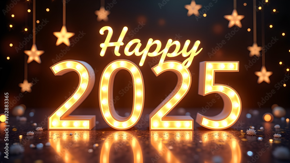 Happy New Year 2025 with glowing lights. Concept of celebration, hope, and new beginnings. Happy New Year 2025 with glowing lights. Concept of celebration, hope, and new beginnings.