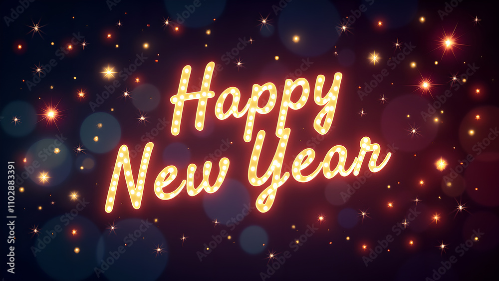 Happy New Year text with golden lights. Concept of celebration, holiday, and party.