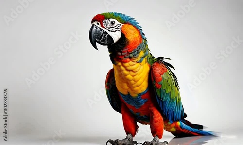 A colorful of macaws with vibrant blue, yellow, red, and green feathers sitting in a white background photo