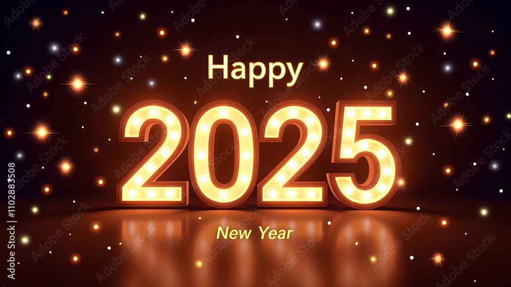 Happy New Year 2025 with glowing lights. Festive celebration concept.