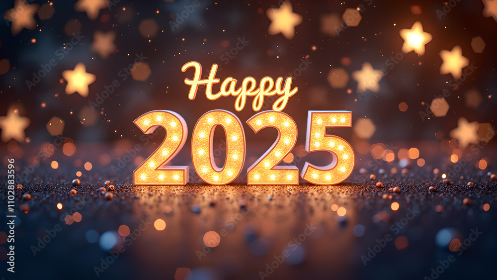 Happy New Year 2025 with glowing lights. Concept of celebration, holiday, and future. Happy New Year 2025 with glowing lights. Concept of celebration, holiday, and future.