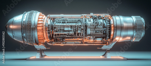 A detailed 3D model of a futuristic jet engine with intricate components and metallic finish, displayed on a stand
