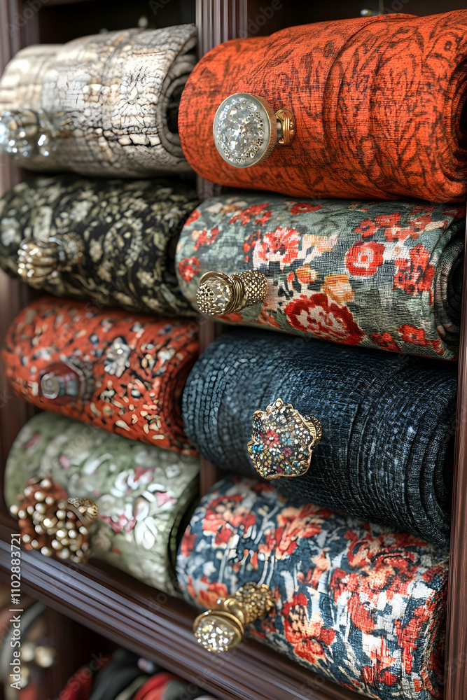 Rolled up handbags of various colors and patterns displayed in a wooden cabinet. Rolled up handbags of various colors and patterns displayed in a wooden cabinet.