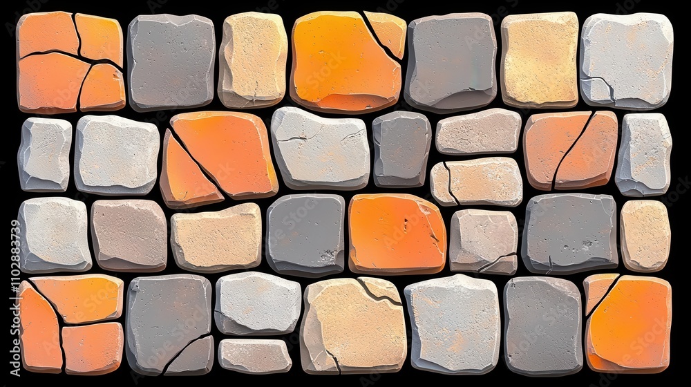 Fototapeta premium Colorful stone wall pattern with various textures, white isolate background.