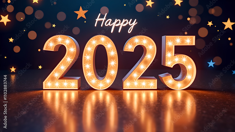 Happy New Year 2025 with illuminated numbers. Celebration concept.
