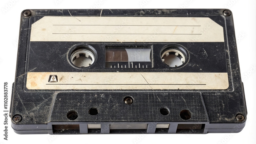 Obraz premium An isolated close-up of a scratched cassette tape, tape flaw, magnetic head damage, audio tape defect