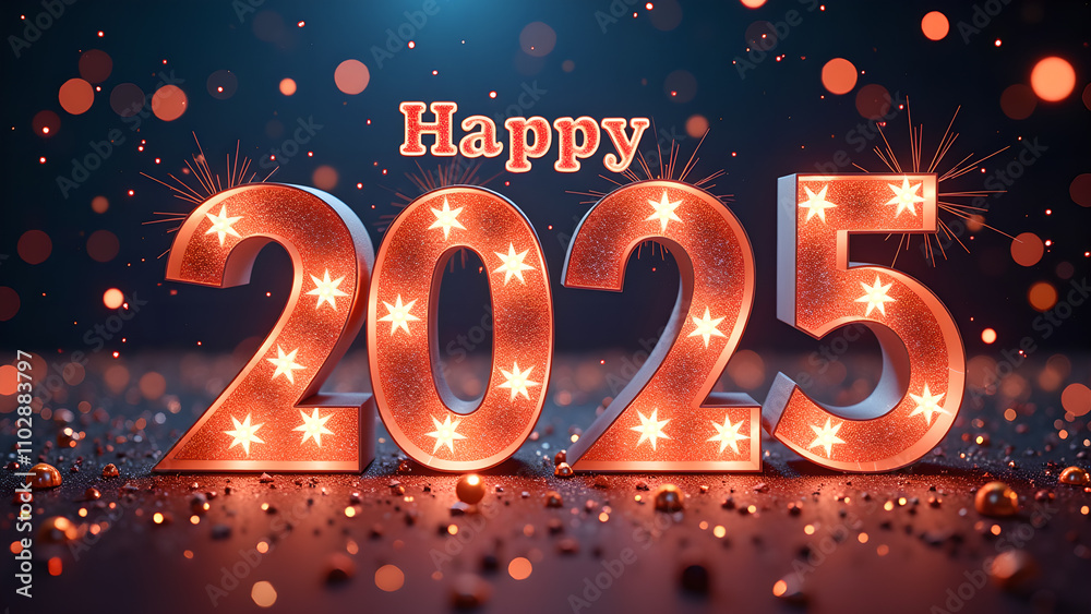 Happy New Year 2025 with illuminated numbers. Concept of celebration, party, and holiday. Happy New Year 2025 with illuminated numbers. Concept of celebration, party, and holiday.