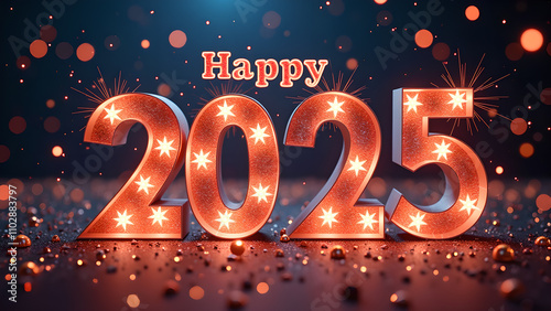 Happy New Year 2025 with illuminated numbers. Concept of celebration, party, and holiday.