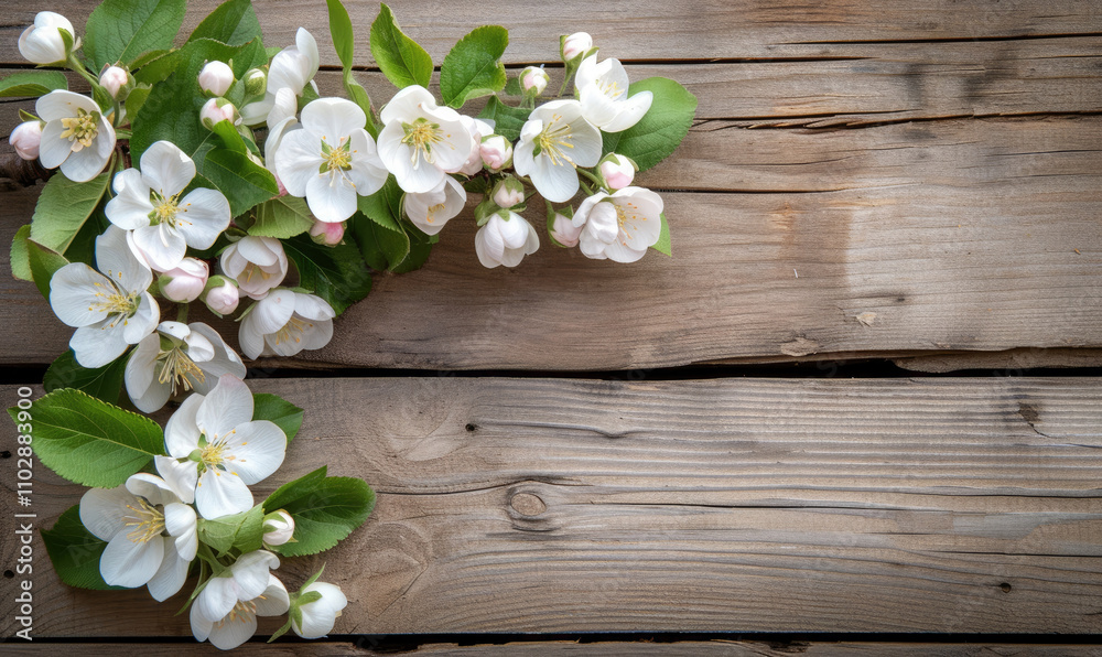 Spring apple blossoms flowering branch on wooden background with copy space Spring apple blossoms flowering branch on wooden background with copy space