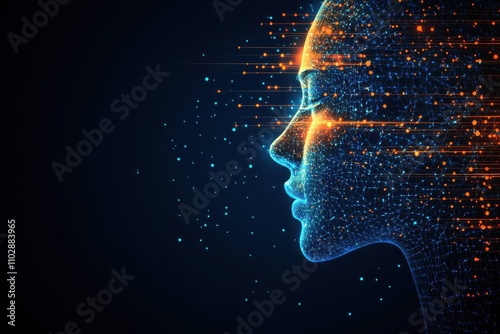 Futuristic profile digital face overlay glowing neural network cyberpunk aesthetic data visualization blue and orange color scheme