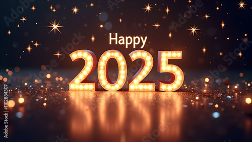 Happy New Year 2025 with glowing lights. Concept of celebration, holiday, and future.