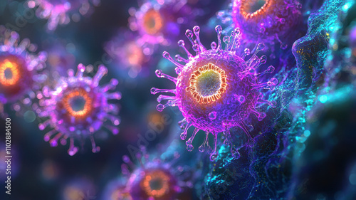 Colorful digital art of microscopic pathogens with vibrant textures and glowing details, showcasing surreal and intricate representation of microscopic life forms