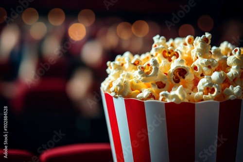 Freshly Popped Popcorn in Red and White Striped Containers at Cinema Theater