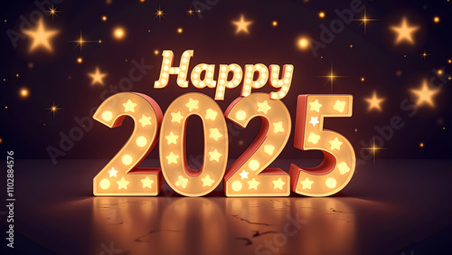 Happy New Year 2025 with glowing lights. Concept of celebration, holiday, and party.