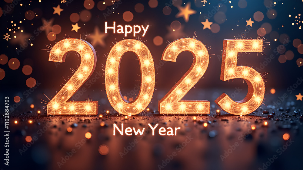 Happy New Year 2025 with sparkling lights. Festive celebration concept. Happy New Year 2025 with sparkling lights. Festive celebration concept.
