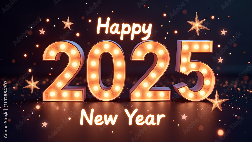 Happy New Year 2025 with illuminated numbers. Concept of celebration, holiday, and future. Happy New Year 2025 with illuminated numbers. Concept of celebration, holiday, and future.