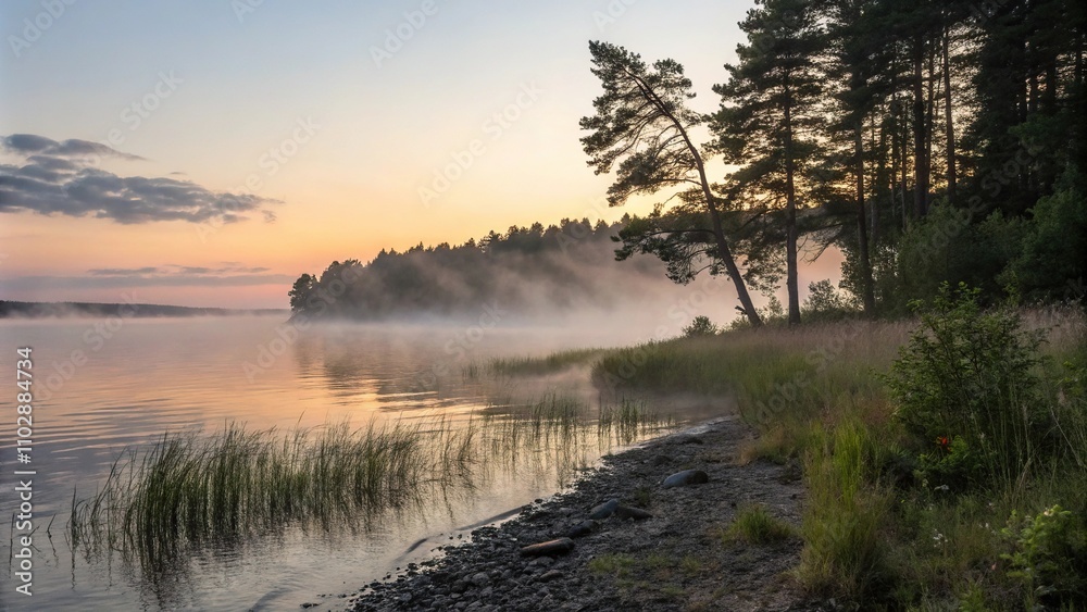 A quiet dawn unfolds on the shore where morning fog clings to the rippled waters' edge, beach scene, subtle ripples A quiet dawn unfolds on the shore where morning fog clings to the rippled waters' edge, beach scene, subtle ripples
