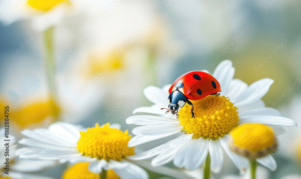 Obraz premium Ladybug on the chamomiles flower, spring background