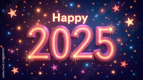 Happy New Year 2025 Neon Sign. Concept of celebration, holiday, and party.